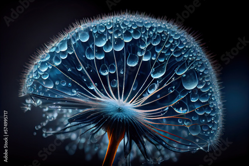Part of blue dandelion with seeds and water droplets in macro.