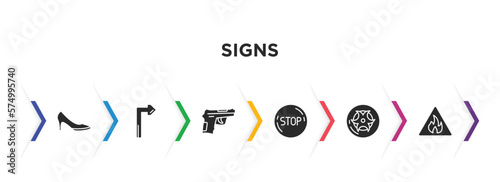 signs filled icons with infographic template. glyph icons such as high heels, turn, guns, stop, toxic waste, fire warning vector.