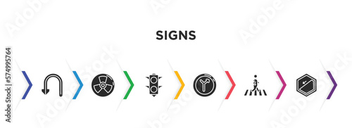 signs filled icons with infographic template. glyph icons such as u turn, nuclear, traffic light, junction, pedestrian, slope vector.