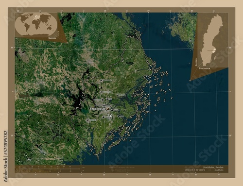 Stockholm, Sweden. Low-res satellite. Labelled points of cities photo