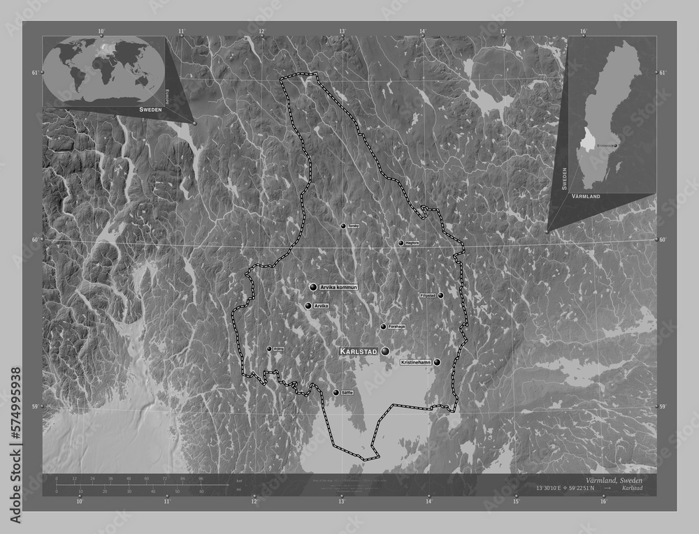 Varmland, Sweden. Grayscale. Labelled Points Of Cities Stock ...