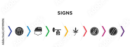 signs filled icons with infographic template. glyph icons such as road collapse, ironing, coffee shop, marijuana, no drinks, forbidden vector.