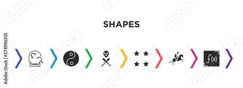shapes filled icons with infographic template. glyph icons such as skull and snake, yin and yang, skull and dagger, star with number four, horseman, function vector.