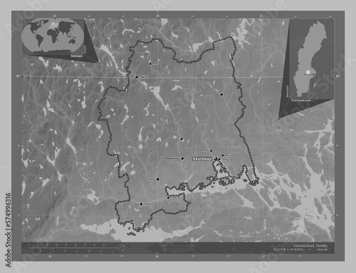 Vastmanland, Sweden. Grayscale. Labelled points of cities photo