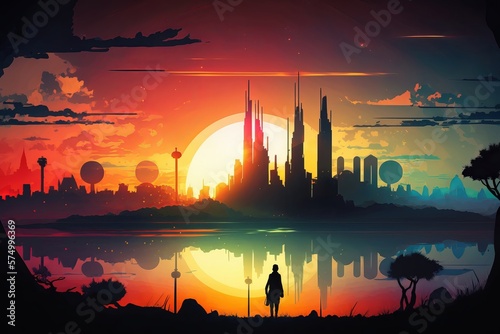 colorful city capital landscape view , sillhoute style landscape design illustration. Creative art background. Generative AI