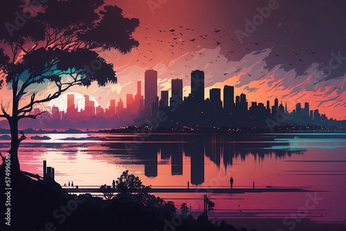 colorful city capital landscape view , sillhoute style landscape design illustration. Creative art background. Generative AI