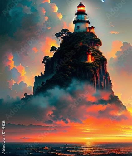 fantasy illustration of a floating lighthouse above the ocean at sunset