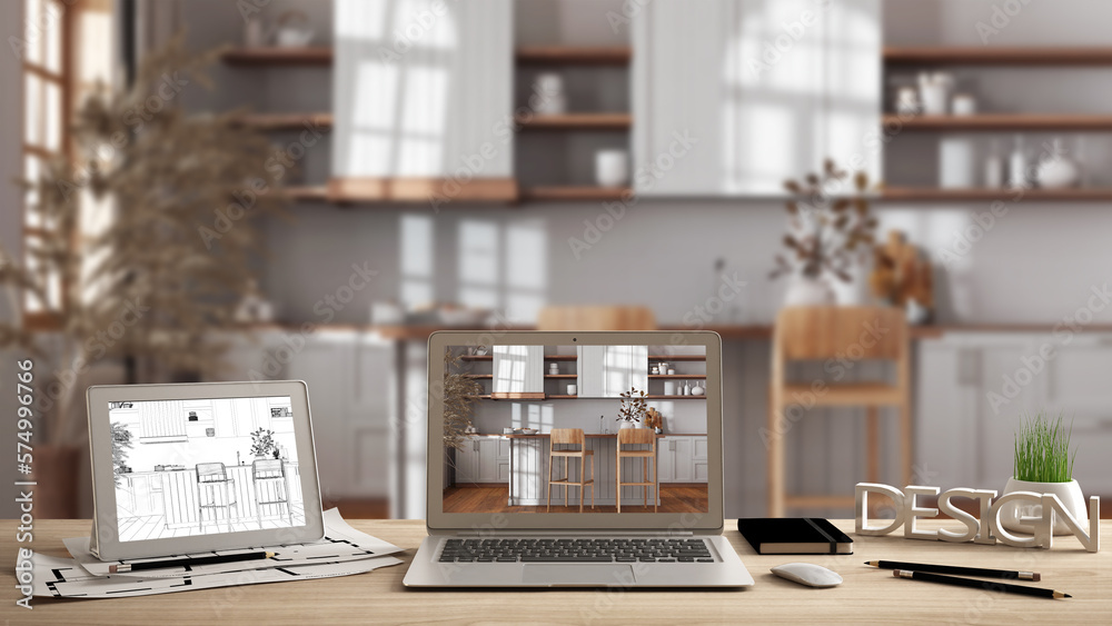 Architect designer desktop concept, laptop and tablet on wooden desk with screen showing interior design project and CAD sketch, blurred draft background, scandinavian kitchen Architect designer desktop concept, laptop and tablet on wooden desk with screen showing interior design project and CAD sketch, blurred draft background, scandinavian kitchen