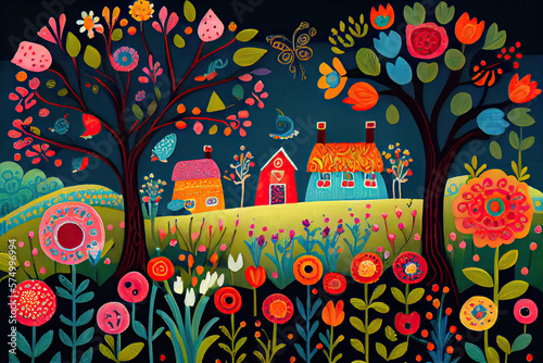 Neighborhood of vibrant spring colors in folk art style.