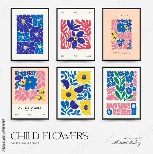 Abstract floral posters template. Modern trendy Matisse minimal style. Pink and yellow colors. Hand drawn design for wallpaper, wall decor, print, postcard, cover, template, banner. 