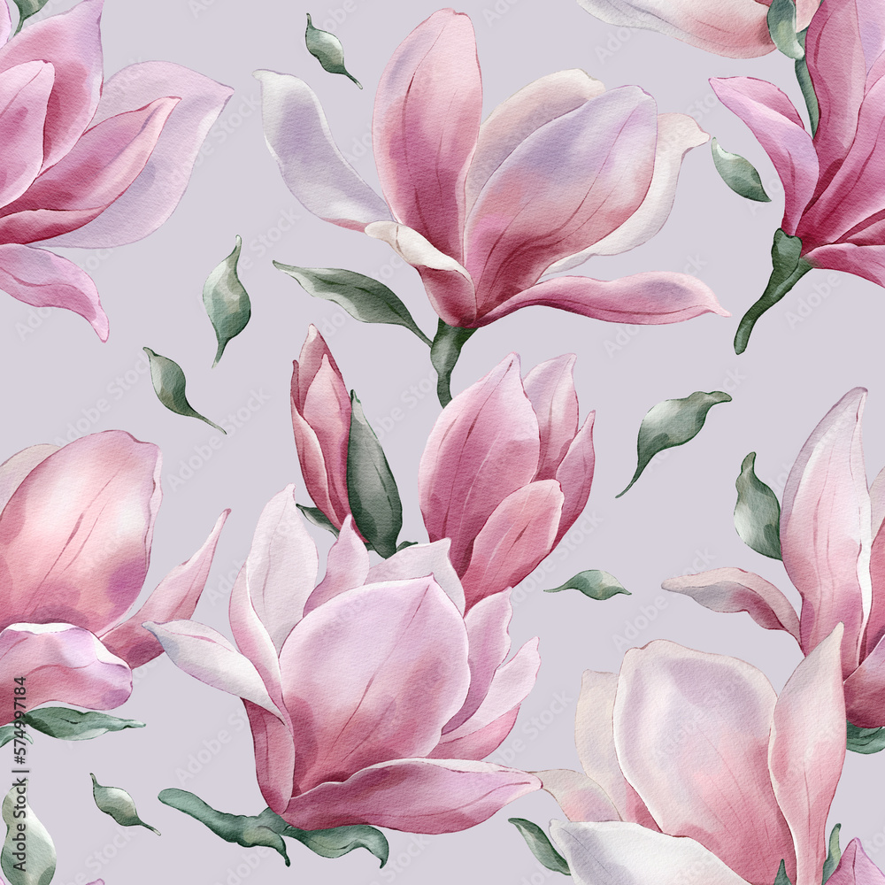 Seamless floral pattern with magnolia hand-drawn painted in a watercolor style. The seamless pattern can be used on a variety of surfaces, wallpaper, textiles or packaging.