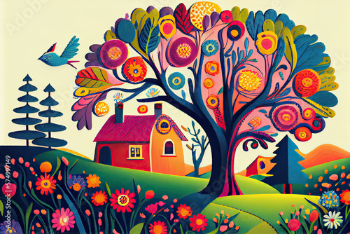 Neighborhood of vibrant spring colors in folk art style.
