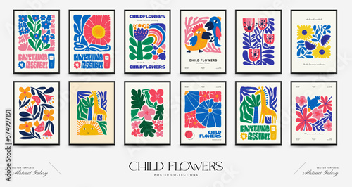 Abstract floral posters template. Modern trendy Matisse minimal style. Pink and yellow colors. Hand drawn design for wallpaper, wall decor, print, postcard, cover, template, banner. 