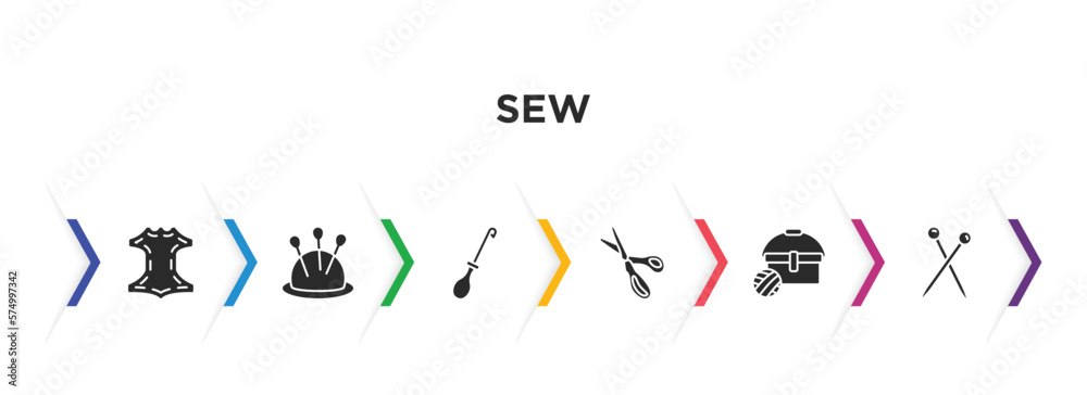 Naklejka premium sew filled icons with infographic template. glyph icons such as leather, pincushion, awl, pinking shears, sewing basket, pins vector.