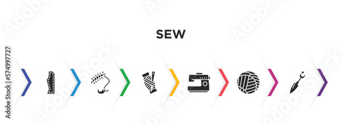 sew filled icons with infographic template. glyph icons such as sew pattern, suture, threads, sewing hine, yarn, seam ripper vector.