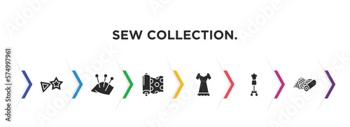 sew collection. filled icons with infographic template. glyph icons such as sewing marker, pin cushion, fabric, clothing, mannequin, material vector.