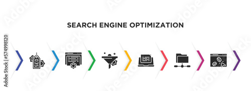 search engine optimization filled icons with infographic template. glyph icons such as tags, content, funnel, blogging, shared folder, pay per click vector.