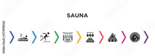 sauna filled icons with infographic template. glyph icons such as irish steam bath, adrenalin rush, turkish bath, light stimulation, hideaway, hygrometer vector.