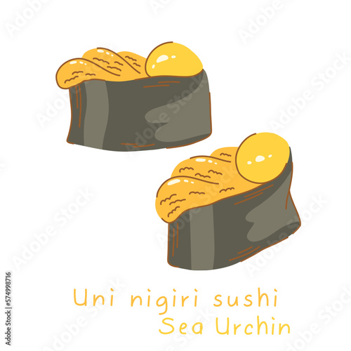 Portioned uni nigiri sushi with sea urchin on rice side view and three quarter view