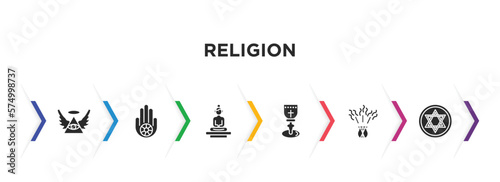 religion filled icons with infographic template. glyph icons such as god, jainism, great buddha, holy chalice, incense, blasphemy vector.