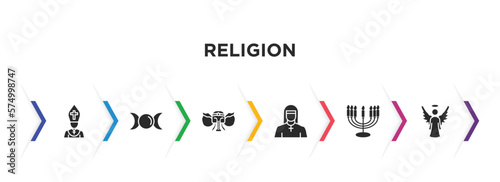 religion filled icons with infographic template. glyph icons such as pope, goddess, ganesha, anglican, menorah, angel vector.