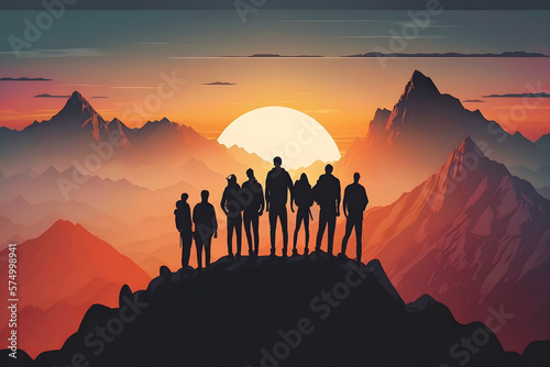 Group of people standing on top of a high mountain and looking at the sunset. personal development, relationships, and postive mindset photo - generative ai photo