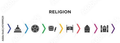 religion filled icons with infographic template. glyph icons such as wat saket, satanism, standing bell, torah, shrine, synagogue vector.