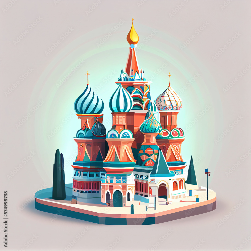 view of Saint Basil's Cathedral, cartoon style, flat design, generative ai