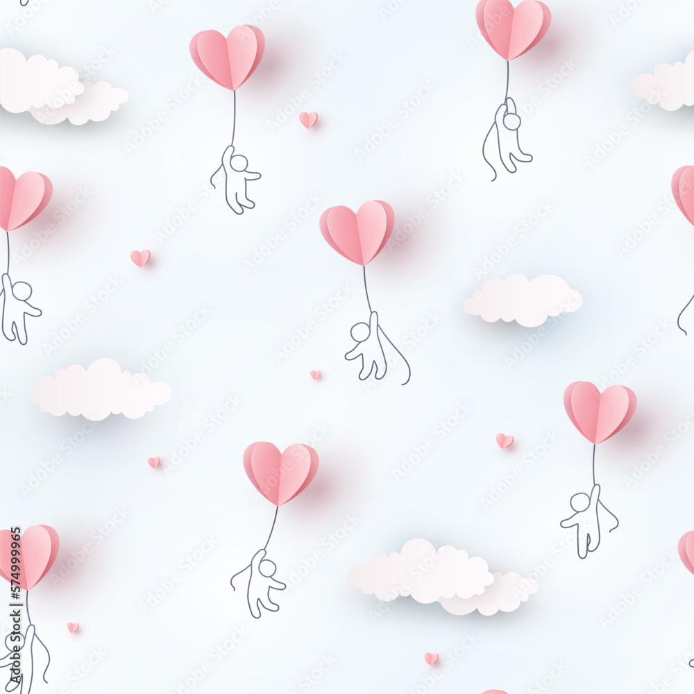 Valentines pink hearts balloons with people flying on sky background. Vector love seamless patern for Happy Mother's or Valentine's Day greeting card design.