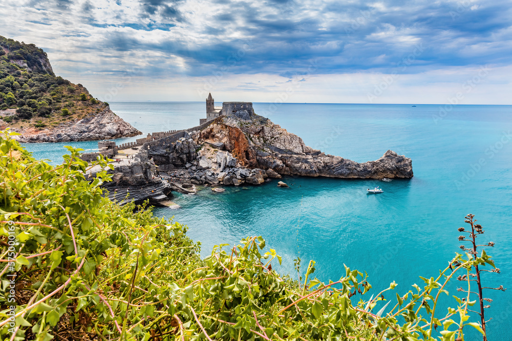 Porto Venere, Italy with church of St. Peter on cliff.