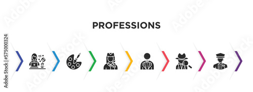 professions filled icons with infographic template. glyph icons such as graphic de, artist, air hostess, butler, detective, concierge vector.