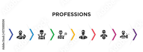 professions filled icons with infographic template. glyph icons such as firefighter, mechanic, welder, office worker, financial manager, fireman vector.