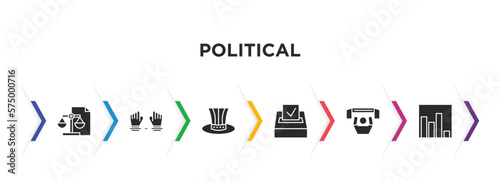 political filled icons with infographic template. glyph icons such as political balance, slavery, uncle sam hat, election, supporter, poll vector.
