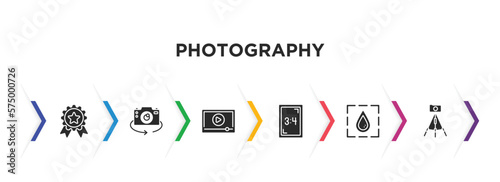 photography filled icons with infographic template. glyph icons such as high quality, chroma, play video, aspect, blur, tr vector.