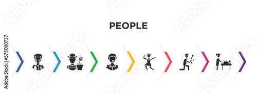 people filled icons with infographic template. glyph icons such as paramedic, garderner, phone assistance, girl dancing, give flower, baby changing vector.