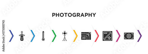 photography filled icons with infographic template. glyph icons such as light meter, temperatures, spotlight, resolution, exposure, metering vector.