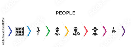 people filled icons with infographic template. glyph icons such as family board games, man saving money, constructor, bad employee, farmers, stoh ache vector.