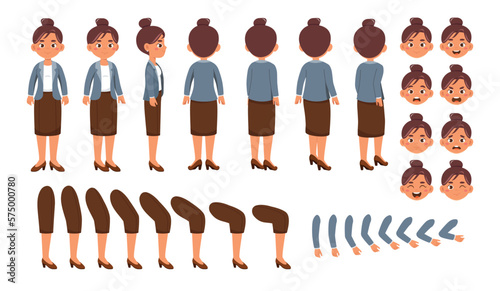 Teacher woman character constructor. Set of elements to create animation. Beautiful moving woman with different poses, gestures and emotion. Cartoon flat vector collection isolated on white background