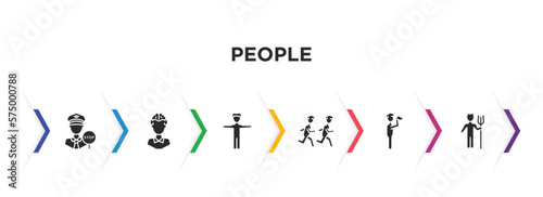 people filled icons with infographic template. glyph icons such as traffic police, mind game, standing up man, group of men running, monocular, devil standing up vector.