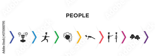 people filled icons with infographic template. glyph icons such as man angry, stretching exercises, woman hair, push ups, police arresting man, speak bubble vector.