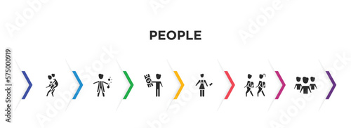 people filled icons with infographic template. glyph icons such as give a piggy back ride, chemist working, man with money, butcher with knife, children in school, team work success vector.