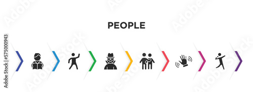 people filled icons with infographic template. glyph icons such as student books, dancing man, gangsters, man hugging, slap, shot put vector.