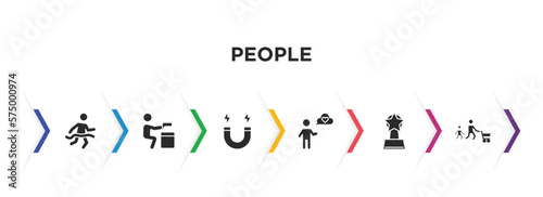 people filled icons with infographic template. glyph icons such as running at finish line, criminal heist, electromagnet, man thinking about love, cinema award, father and son shopping vector.