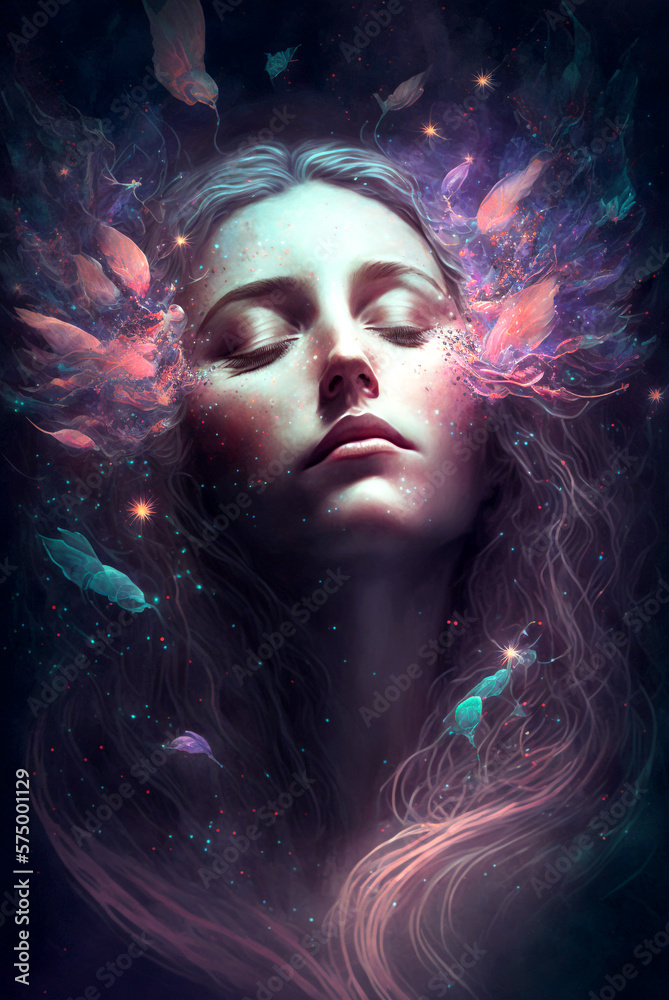 Astral Dream Concept Woman Nebula Lucid Dream Illustration, Generative AI