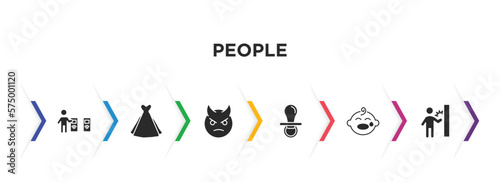 people filled icons with infographic template. glyph icons such as validating ticket, bride dress, devil head with horns, baby pacifier, crying baby, knocking vector.