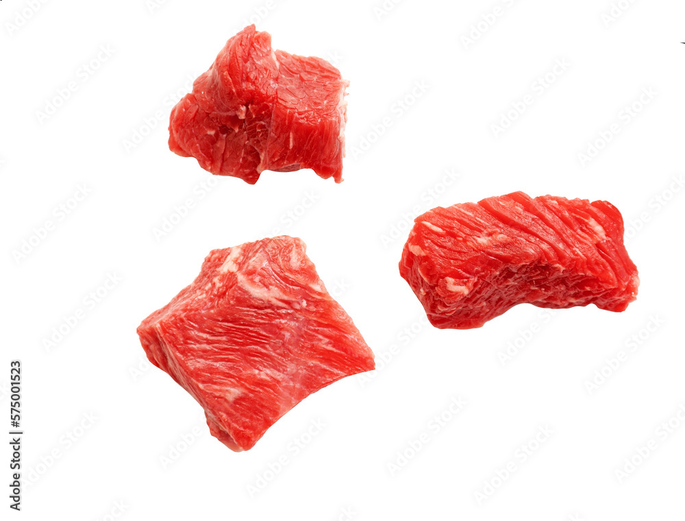 Three slices of raw beef meat isolated on white, clipping path, png Three slices of raw beef meat isolated on white, clipping path, png