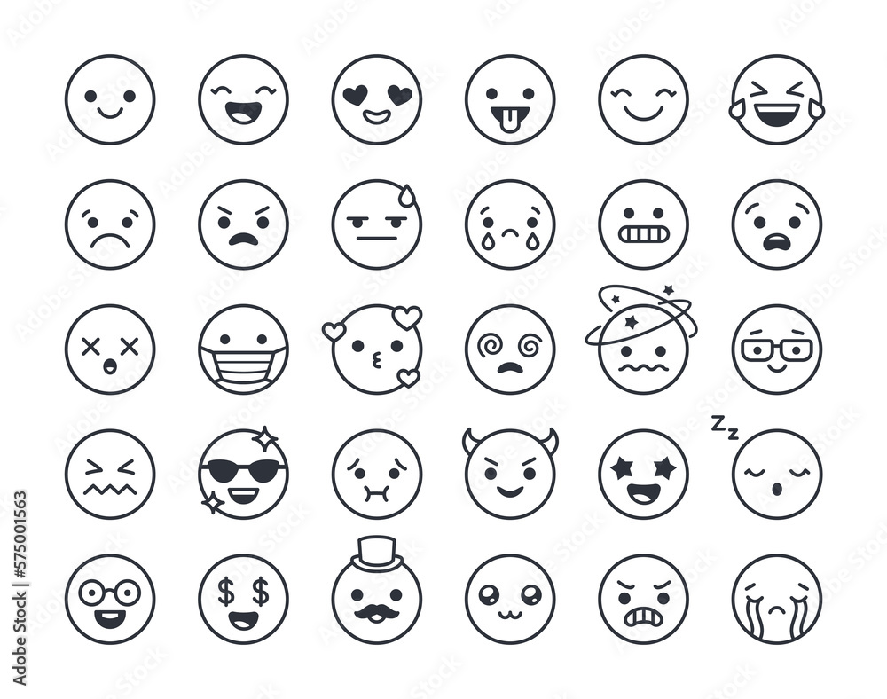 Set of linear emoji faces. Black and white icons with faces expressing different emotions. Sad, happy, funny, loving, crying and angry characters. Cartoon flat vector collection isolated on white Set of linear emoji faces. Black and white icons with faces expressing different emotions. Sad, happy, funny, loving, crying and angry characters. Cartoon flat vector collection isolated on white