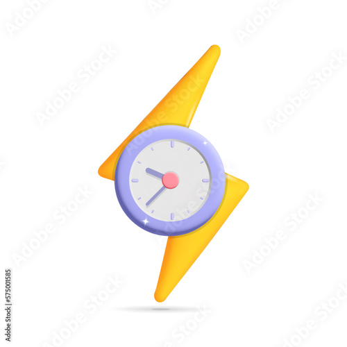3d vector yellow flash thunder bolt symbol with time alarm clock watch icon design