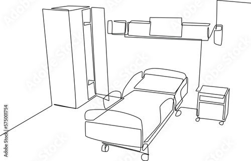 Single one line drawing Hospital room interior with bed and clinic equipment. An empty hospital room concept. Continuous line draw design graphic vector illustration.