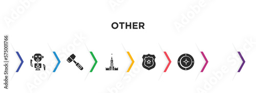 other filled icons with infographic template. glyph icons such as robot of japan, mallet, kremln, blazon, belly dance, roulette table vector.